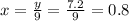 x = \frac{y}{9} = \frac{7.2}{9} = 0.8