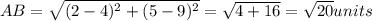 AB=\sqrt{(2-4)^2+(5-9)^2}=\sqrt{4+16}=\sqrt{20}units