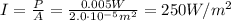 I=\frac{P}{A}=\frac{0.005 W}{2.0\cdot 10^{-5} m^2}=250 W/m^2