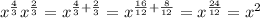 x^\frac{4}{3}x^ \frac{2}{3}=x^{\frac{4}{3}+\frac{2}{3}}=x^{\frac{16}{12}+\frac{8}{12}}=x^\frac{24}{12}=x^2