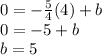 0 = - \frac {5} {4} (4) + b\\0 = -5 + b\\b = 5