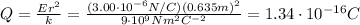 Q=\frac{Er^2}{k}=\frac{(3.00\cdot 10^{-6} N/C)(0.635 m)^2}{9\cdot 10^9 Nm^2 C^{-2}}=1.34\cdot 10^{-16} C