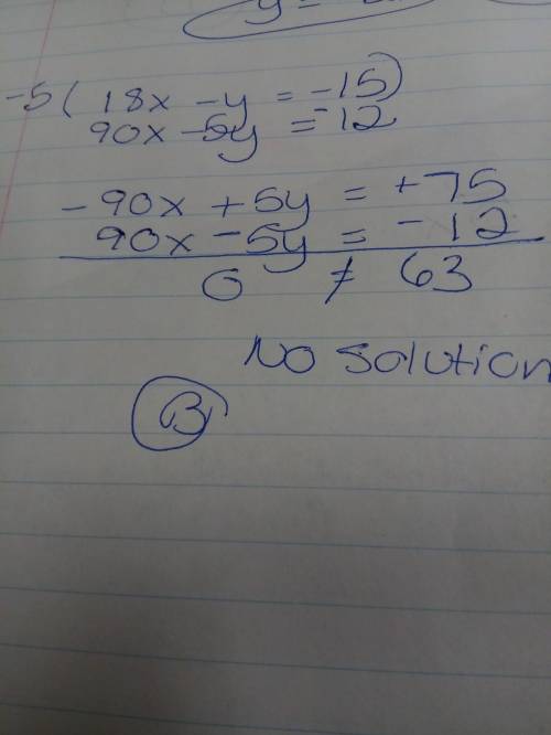 What is the solution to the system of equations?  18x + 15 – y = 0 5y = 90x + 12 a.  no solution b.
