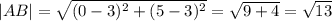 |AB|= \sqrt{ (0-3)^{2} + (5-3)^{2} }=\sqrt{ 9+4}= \sqrt{ 13}