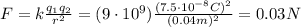 F=k\frac{q_1 q_2}{r^2}=(9\cdot 10^9)\frac{(7.5\cdot 10^{-8}C)^2}{(0.04 m)^2}=0.03 N