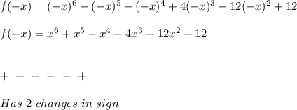 f(-x)=(-x)^6-(-x)^5-(-x)^4+4(-x)^3-12(-x)^2+12 \\ \\ f(-x)=x^6+x^5-x^4-4x^3-12x^2+12 \\ \\ \\ + \ + \ - \ - \ - \ + \\ \\ Has \ 2 \ changes \ in \ sign
