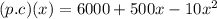 (p.c)(x)=6000+500x-10x^2