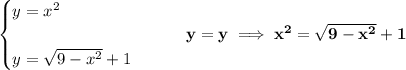 \bf \begin{cases}&#10;y=x^2\\\\&#10;y=\sqrt{9-x^2}+1&#10;\end{cases}\qquad y=y\implies  x^2=\sqrt{9-x^2}+1