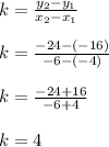 k = \frac{y_2-y_1}{x_2-x_1}\\\\k =\frac{-24-(-16)}{-6-(-4)}\\\\k = \frac{-24+16}{-6+4}\\\\k =4