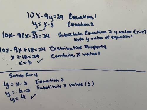 System of equation with substitution solve the system of equations. 10x - 9y = 24 y = x - 2 y= x=