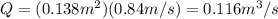 Q=(0.138 m^2)(0.84 m/s)=0.116 m^3/s