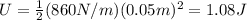 U=\frac{1}{2}(860 N/m)(0.05 m)^2=1.08 J