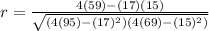 r=\frac{4(59)-(17)(15)}{\sqrt{{(4(95)-(17)^{2})(4(69)-(15)^{2})}}}
