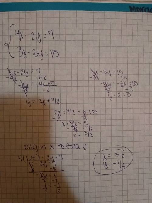 4x-2y=7 3x-3y=15 in order to solve the following system of equations by subtraction