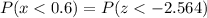P(x < 0.6) = P(z < -2.564)