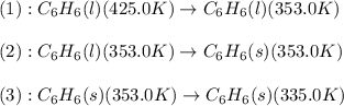 (1):C_6H_6(l)(425.0K)\rightarrow C_6H_6(l)(353.0K)\\\\(2):C_6H_6(l)(353.0K)\rightarrow C_6H_6(s)(353.0K)\\\\(3):C_6H_6(s)(353.0K)\rightarrow C_6H_6(s)(335.0K)