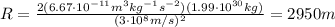 R=\frac{2(6.67\cdot 10^{-11} m^3 kg^{-1}s^{-2})(1.99\cdot 10^{30} kg)}{(3\cdot 10^8 m/s)^2}=2950 m
