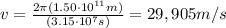 v=\frac{2\pi (1.50\cdot 10^{11} m)}{(3.15\cdot 10^7 s)}=29,905 m/s
