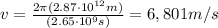 v=\frac{2\pi (2.87\cdot 10^{12} m)}{(2.65\cdot 10^9 s)}=6,801 m/s