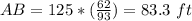 AB=125*(\frac{62}{93})=83.3\ ft