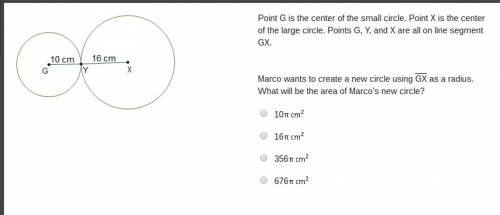 Point g is the center of the small circle. point x is the center of the large circle. points g, y, a