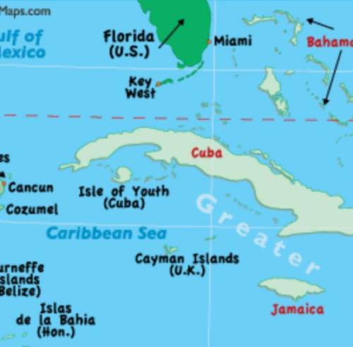 Look at the map above. which of the following statements is true?   a. cuba is located at number 1.