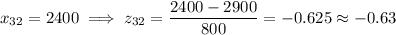 x_{32}=2400\implies z_{32}=\dfrac{2400-2900}{800}=-0.625\approx-0.63