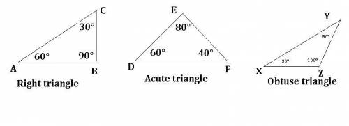 Draw and label an example of a right triangle, an acute triangle, and an obtuse triangle.