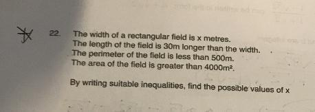 The width of rectangular field is x metres. the length of the field is 30m longer than the width.the