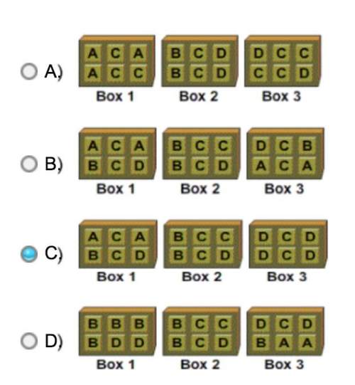 Which set of boxes containing tiles with the letters a, b, c, and d meet the following conditions? i