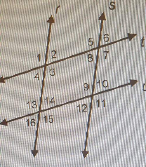 Parallel lines r and s are cut by two transversales, parallel lines t and u. which angles are corres