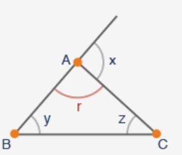 Which relationship is always true for the angles r, x, y, and z of triangle abc? x + z = y 180 deg