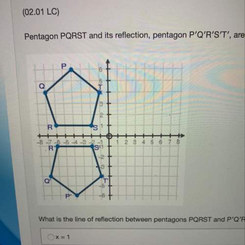 What is the line of reflection between pentagons pqrst and p′q′r′s′t′? x = 1 y = x x = 0 y = 0