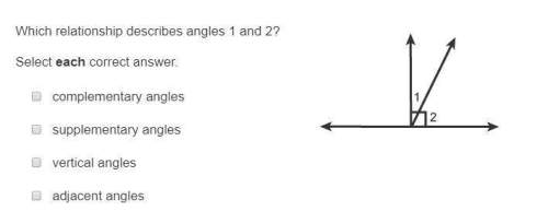 Which relationship describes angles 1 and 2? select each correct answer. complementary angles suppl