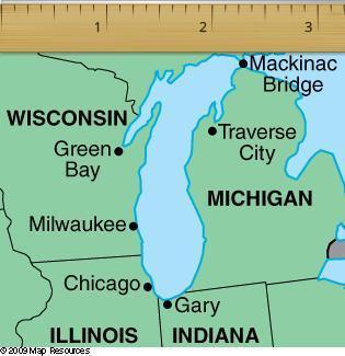 On the map, 1 inch represents 100 miles. approximately how many miles is it from mackinac bridge to