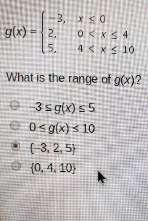 The step function g(x) is defined as shown.what is the range of g(x)? ***answer choices in picture.