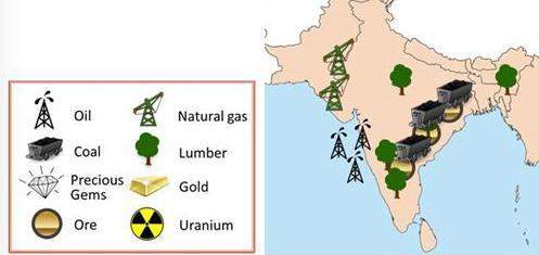 Hurry! according to the map above, there are major types of natural resources in india. a. 4 b.5 c
