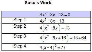Susu is solving the quadratic equation 4x2 – 8x – 13 = 0 by completing the square. her first four st
