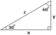 In the above triangle, if x = , y = 1, and z = 2, then which of the following is equal to tan(60°)?