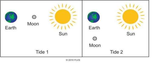The diagram below shows the positions of earth, sun, and moon during two types of tides. the differe