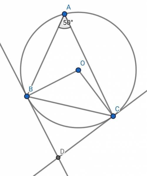 △abc is inscribed in a circle. find the angle between the tangents to the circle at points b and c,