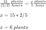\frac{15}{(5/2)}\frac{plants}{hours} =\frac{x}{1}\frac{plants}{hour}\\ \\x=15*2/5\\ \\x=6\ plants