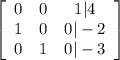 \left[\begin{array}{ccc}0&0&1|4\\1&0&0|-2\\0&1&0|-3\end{array}\right]