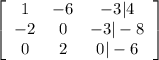 \left[\begin{array}{ccc}1&-6&-3|4\\-2&0&-3|-8\\0&2&0|-6\end{array}\right]