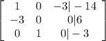\left[\begin{array}{ccc}1&0&-3|-14\\-3&0&0|6\\0&1&0|-3\end{array}\right]