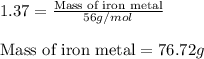 1.37=\frac{\text{Mass of iron metal}}{56g/mol}\\\\\text{Mass of iron metal}=76.72g