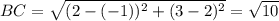 BC=\sqrt{(2-(-1))^2+(3-2)^2}=\sqrt{10}