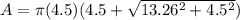 A=\pi(4.5)(4.5+\sqrt{13.26^2+4.5^2} )