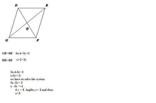 In a parallelogram defg, dh=x+1, hf=3y, gh=3x-4, and he=5y+1. find the values of x and y. the diagra