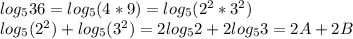 log_{5} 36=log_{5}(4*9)=log_{5}(2^{2}*3^{2})\\log_{5}(2^{2})+log_{5}(3^{2})=2log_{5}2+2log_{5}3=2A+2B